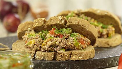 Beef Sandwich with Pickled Cucumber Salad (Shaksouka Style)