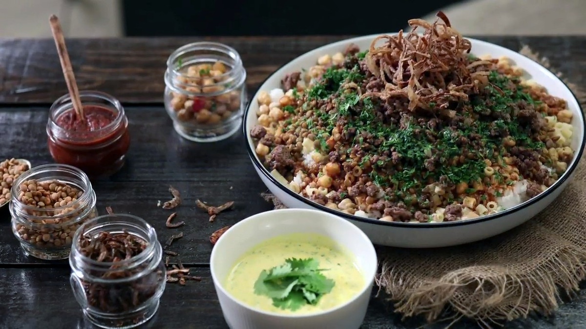 Koushari Egyptien au viande et Yaourt jaune